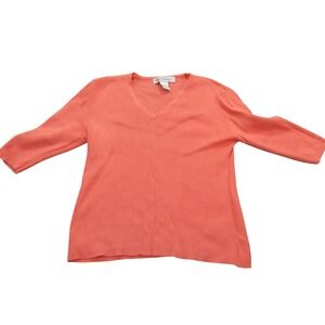 Linda‎ Matthews Womens Sweater Ribbed V Neck 3/4 Sleeve Cotton Large Peach